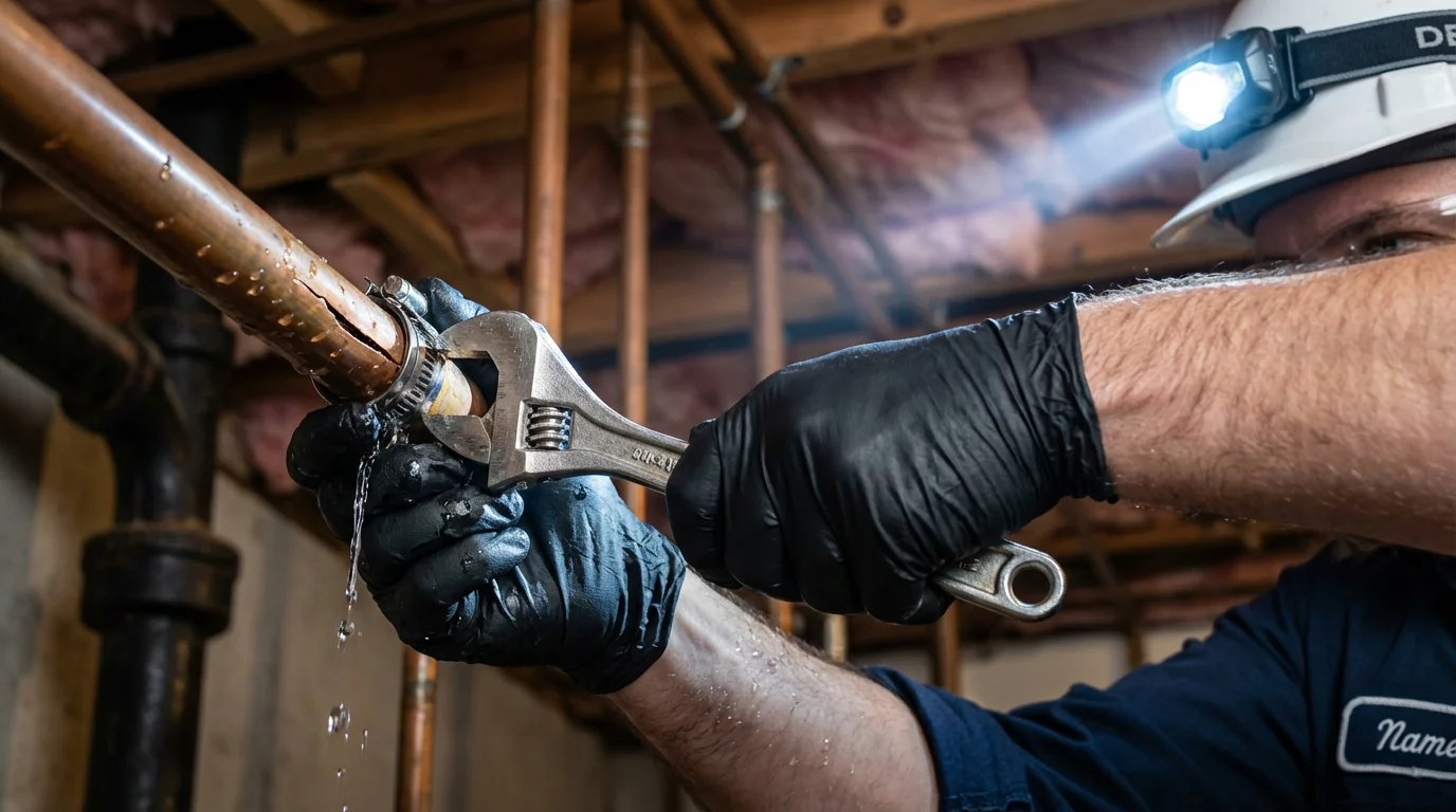 Emergency pipe clamp repair being performed by a Johns Plumbing LLC plumber in Ash Grove