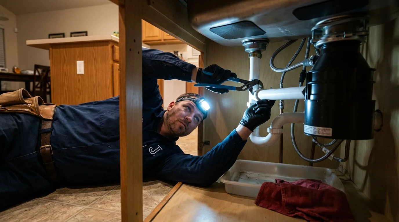 P-trap and supply line connections under a kitchen sink showing a common leak point in Ash Grove, MO